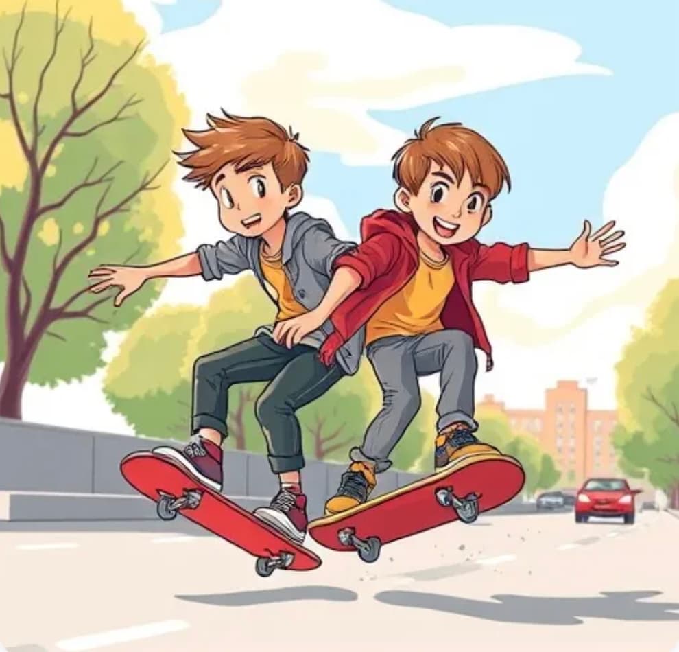 Boy skateboarding with his friend