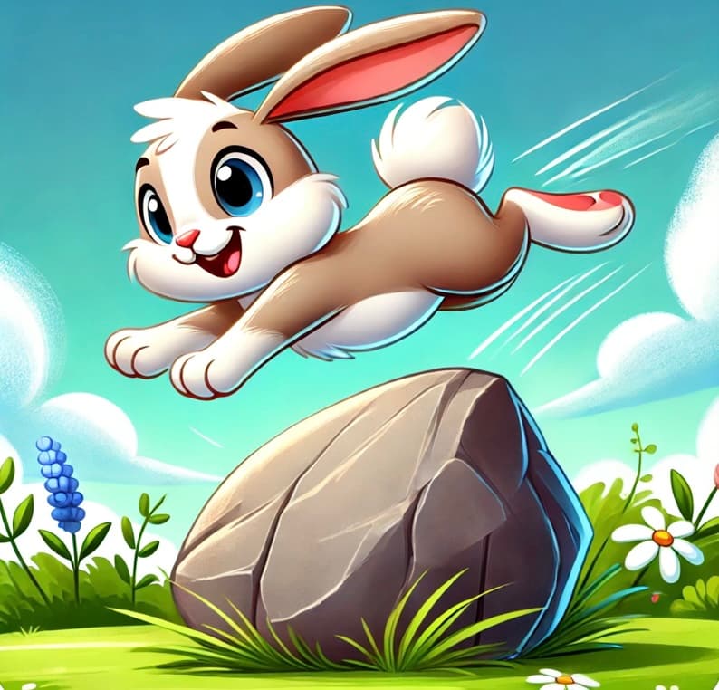Rabbit jumping over rock