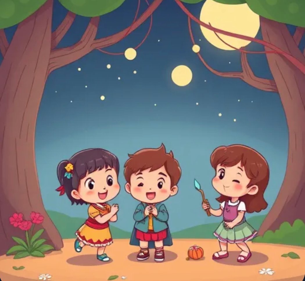 Kids between trees